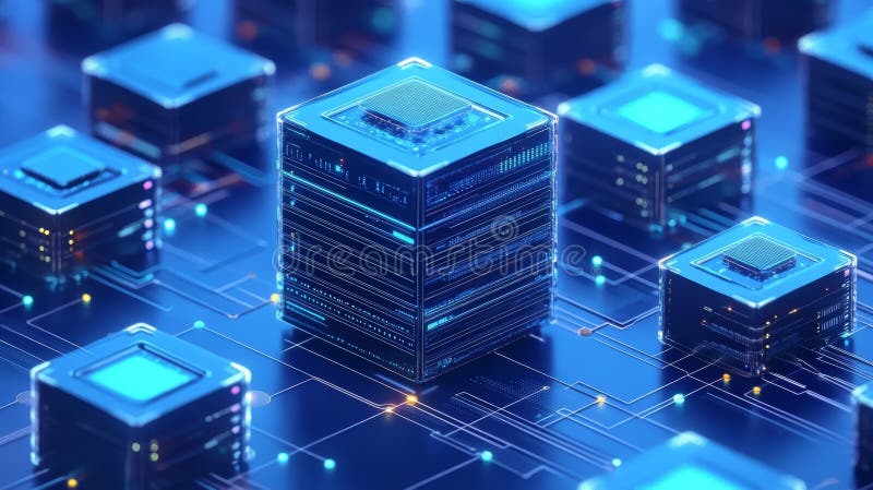 Futuristic computer components in vibrant blue tones, showcasing advanced technology and intricate circuit designs vector illustration