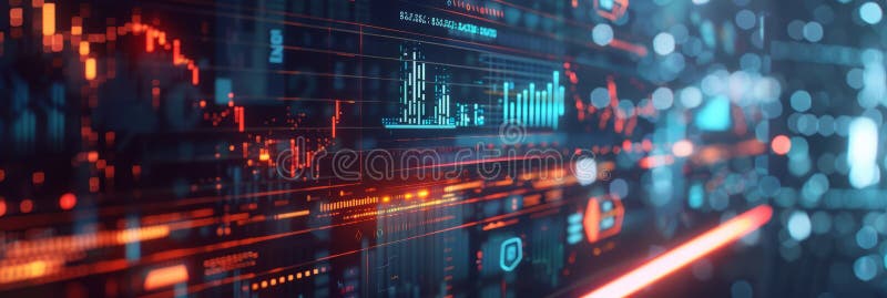 A futuristic computer monitor displaying an abstract network monitoring dashboard with swirling patterns and real-time stock illustration