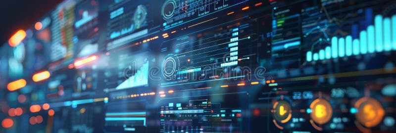 A futuristic computer monitor displaying an abstract network monitoring dashboard with swirling patterns and real-time vector illustration