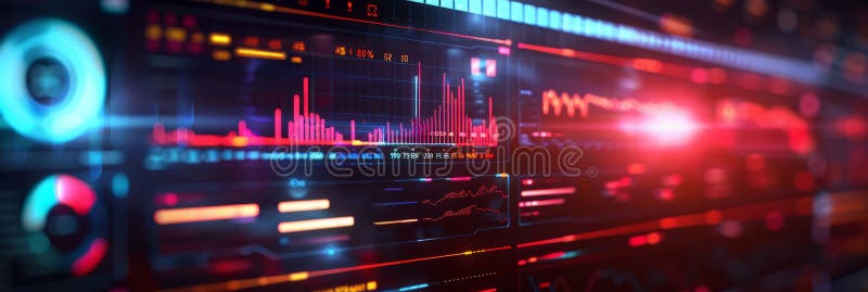 A futuristic computer monitor displaying an abstract network monitoring dashboard with swirling patterns and real-time royalty free illustration
