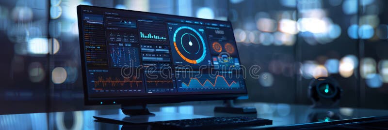 A futuristic computer monitor displaying an abstract network monitoring dashboard with swirling patterns and real-time stock illustration