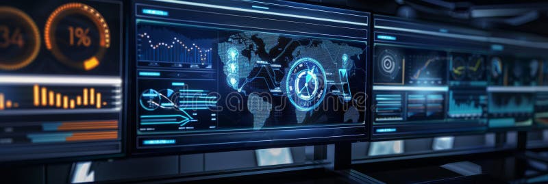 A futuristic computer monitor displaying an abstract network monitoring dashboard with swirling patterns and real-time royalty free stock images