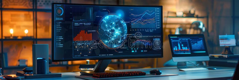 A futuristic computer monitor displaying an abstract network monitoring dashboard with swirling patterns and real-time stock illustration