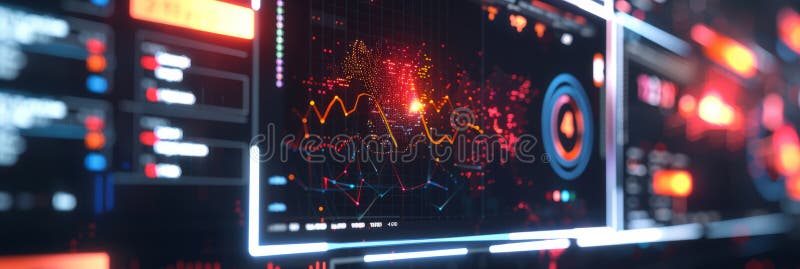 A futuristic computer monitor displaying an abstract network monitoring dashboard with swirling patterns and real-time royalty free illustration