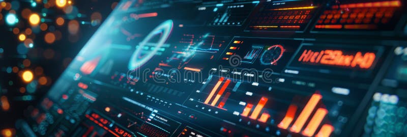 A futuristic computer monitor displaying an abstract network monitoring dashboard with swirling patterns and real-time royalty free illustration