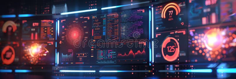 A futuristic computer monitor displaying an abstract network monitoring dashboard with swirling patterns and real-time stock illustration