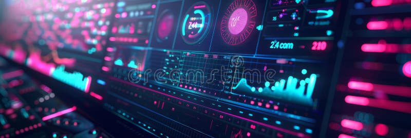 A futuristic computer monitor displaying an abstract network monitoring dashboard with swirling patterns and real-time royalty free illustration