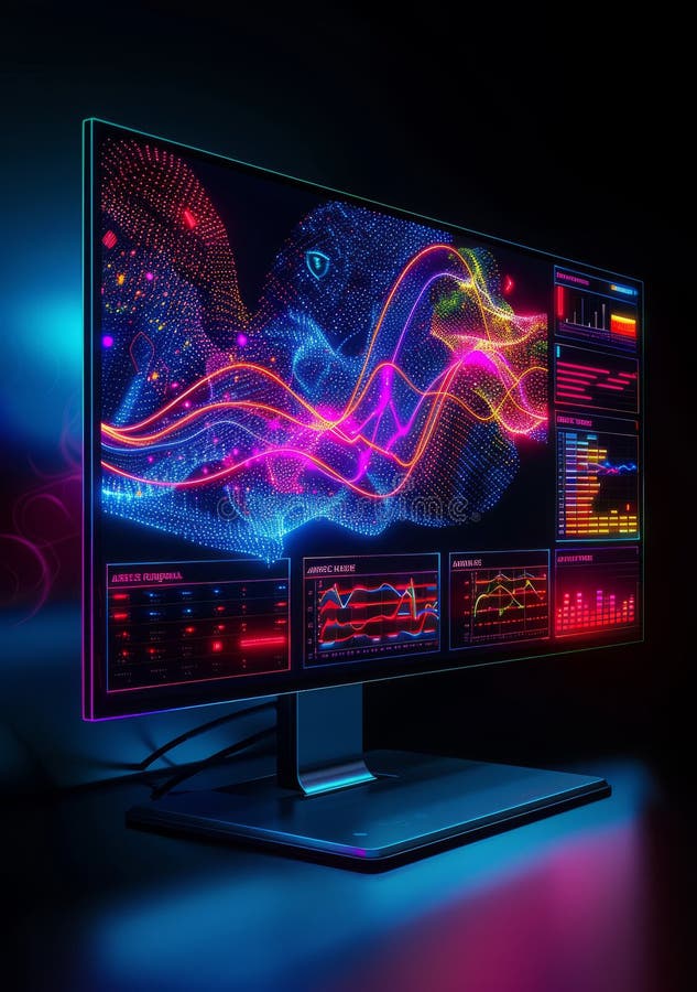A futuristic computer monitor displaying an abstract network monitoring dashboard with swirling patterns and real-time royalty free stock image