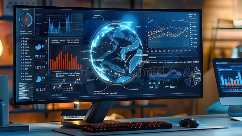 A futuristic computer monitor displaying an abstract network monitoring dashboard with swirling patterns and real-time data vector illustration