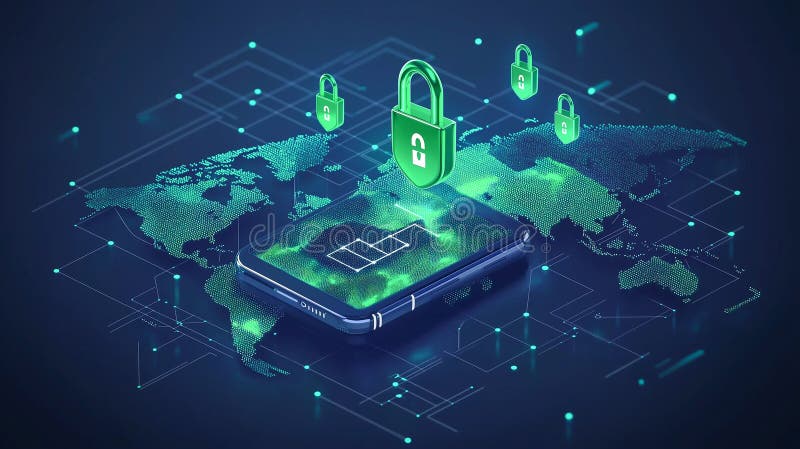 Futuristic concept of global mobile cybersecurity with digital locks and a smart device protecting world data systems stock illustration