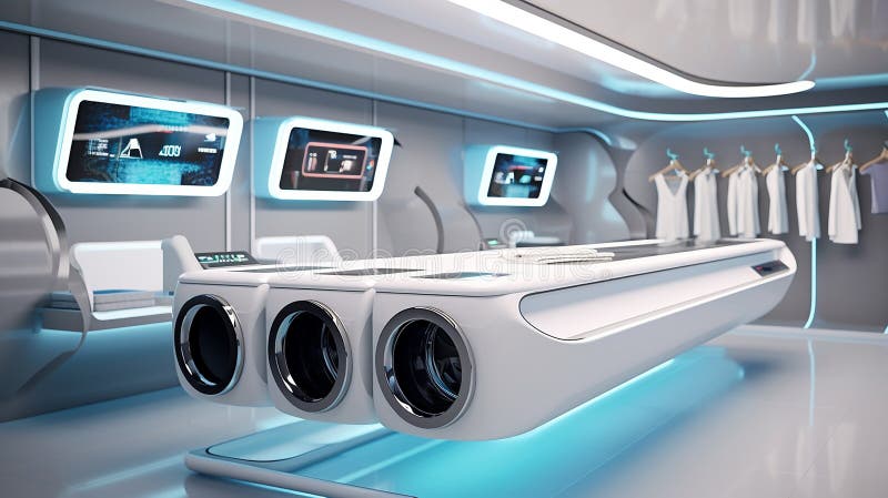 A futuristic concept of the laundry room, fully automated with washer-dryers and sorting systems stock illustration