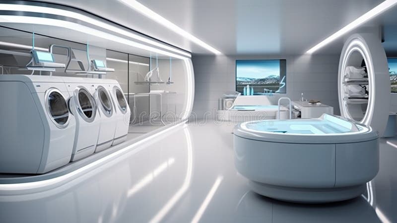 A futuristic concept of the laundry room, fully automated with washer-dryers and sorting systems royalty free illustration