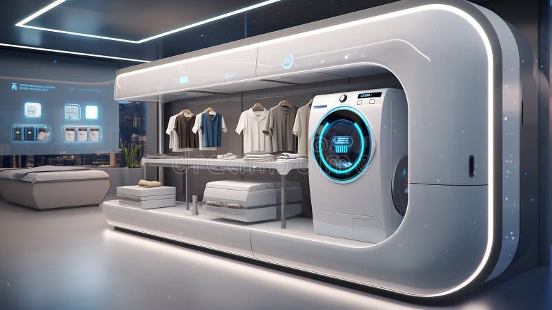 A futuristic concept of the laundry room, fully automated with washer-dryers and sorting systems stock illustration