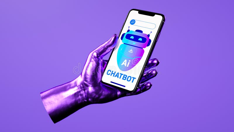 A futuristic concept showing a chatbot on a smartphone held by a hand, emphasizing AI, mobile technology stock photography