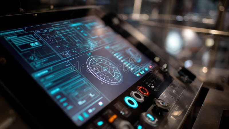 Futuristic control panel displaying sophisticated settings and realtime metrics stock image