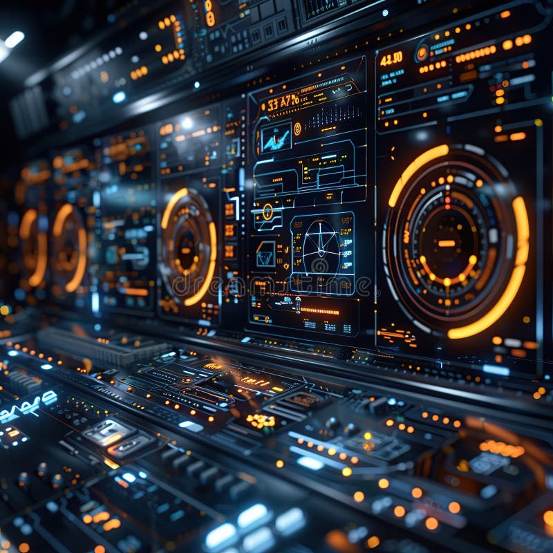 Futuristic Control Panel with Glowing Interface. A close-up shot of a futuristic control panel with a glowing interface. The display features various digital readouts, gauges, and indicators, suggesting an advanced technological system, dynamic background Generative AI