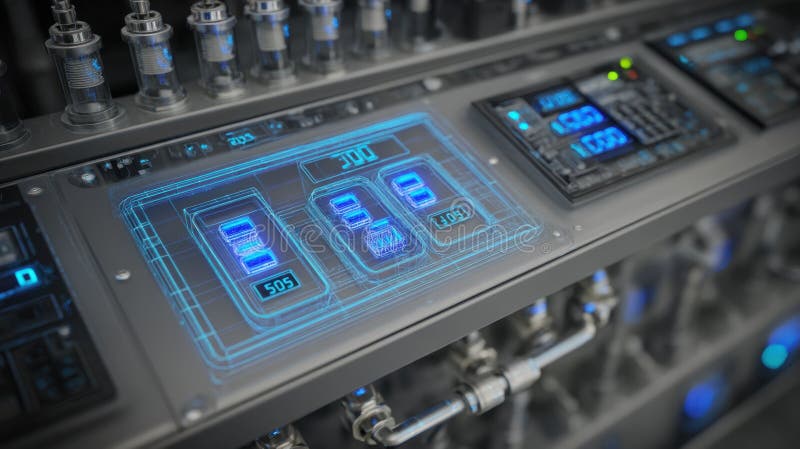 Futuristic control panel monitoring temperature and pressure in industrial setting stock image