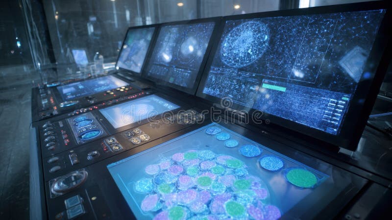 Futuristic control panel showing holographic displays and ai algorithms interacting with live data feeds royalty free stock image