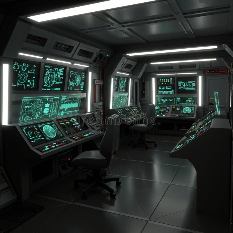 Futuristic control room filled with advanced technology and displays featuring stock illustration