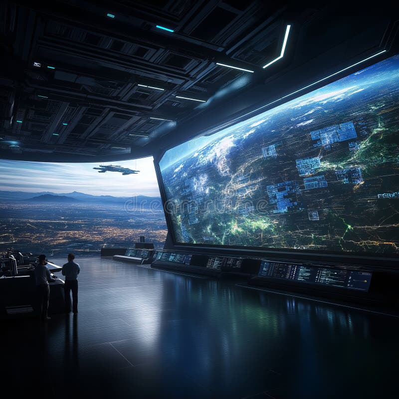 Futuristic Control Room: Guardians of Earth&#x27;s Skies stock images