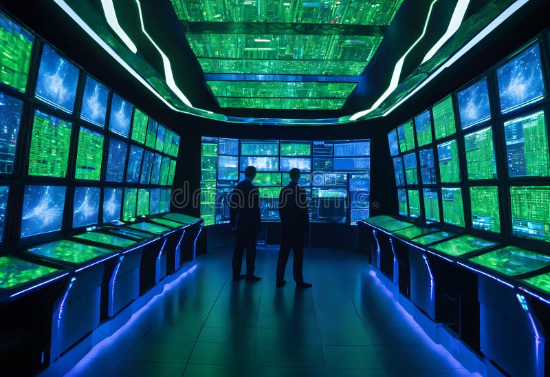 Spațiu de control futurist cu afișaje digitale stock images