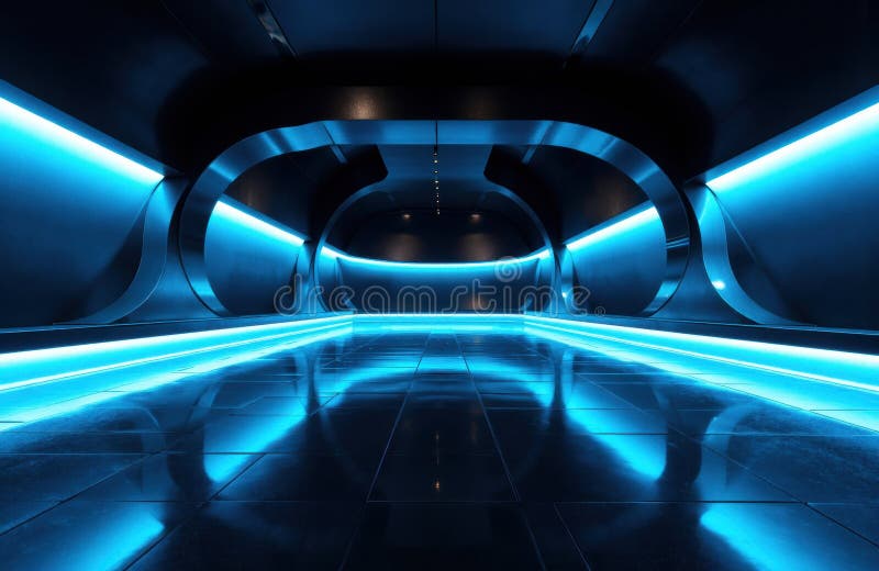 Futuristic corridor with blue LED lighting and reflective glossy floor royalty free stock photo