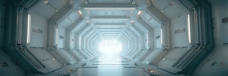 Futuristic Corridor With Bright Light at the End, Modern Design and Clean Lines Reflecting Advanced Technology stock image