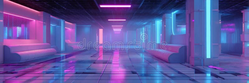 Vibrant Neon Corridor Showcasing Modern Design Elements With Reflective Surfaces and Colorful Lighting in a Futuristic royalty free stock image