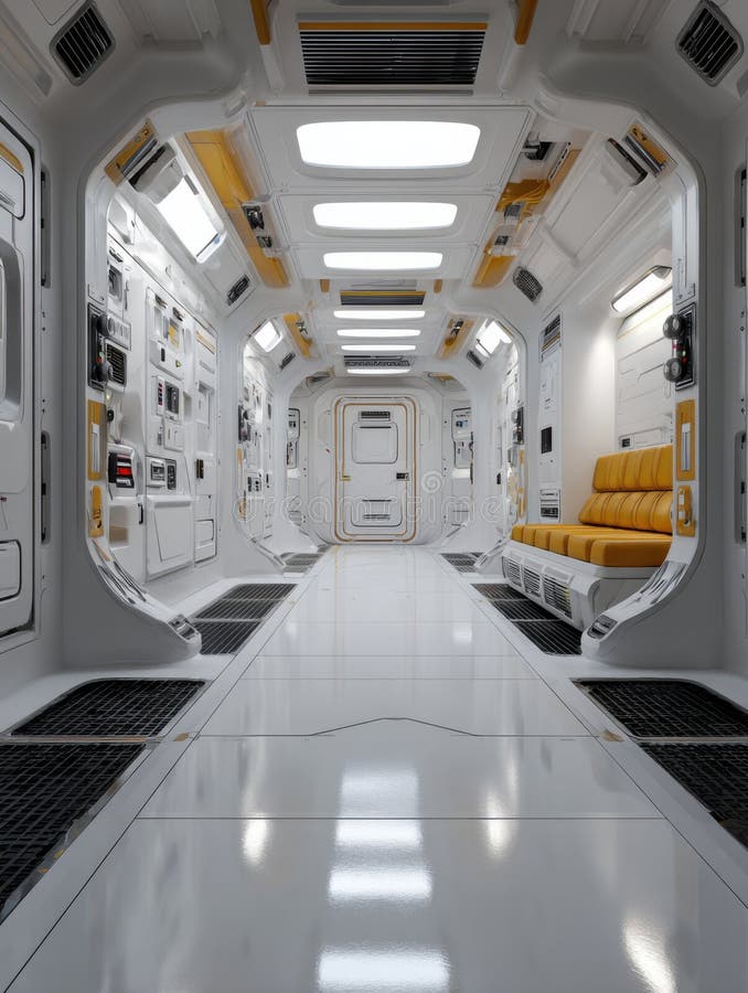 Modern Interior of a Futuristic Space Station Corridor With Yellow Seating and Advanced Control Panels Illuminated by royalty free stock images