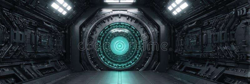 Futuristic Corridor With Glowing Portal in a High-Tech Environment During Night Time Exploration stock images