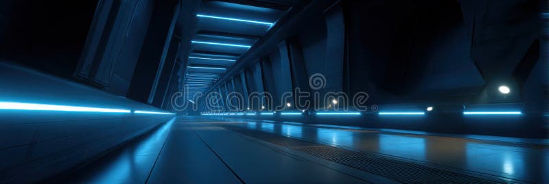 Futuristic Corridor Illuminated by Blue Lights in a High-Tech Space Station Designed for Exploring Distant Galaxies stock photography