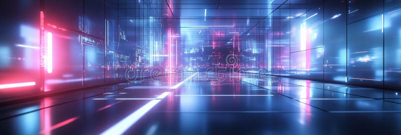 Futuristic corridor illuminated by neon lights in a high tech environment. Generative AI royalty free stock photography