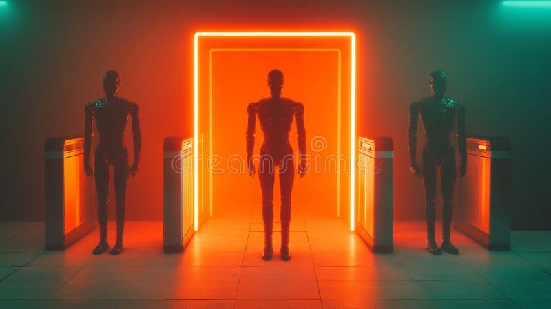The futuristic corridor of a modern facility is characterized by its glowing blue lights and state-of-the-art technology royalty free stock photos