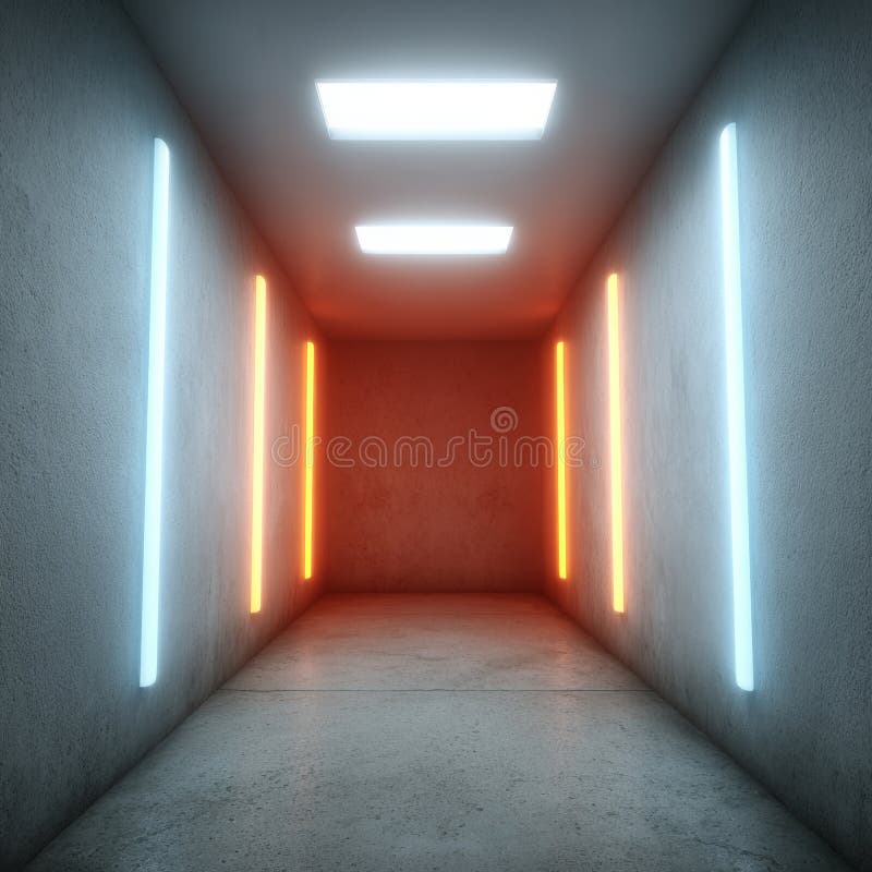Futuristic corridor with neon blue and orange lights. stock photos