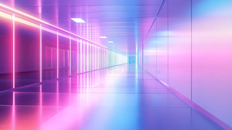 Futuristic corridor with neon light gradients creating depth stock images