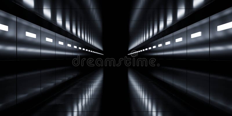 Futuristic corridor with reflective surfaces and lights royalty free stock images