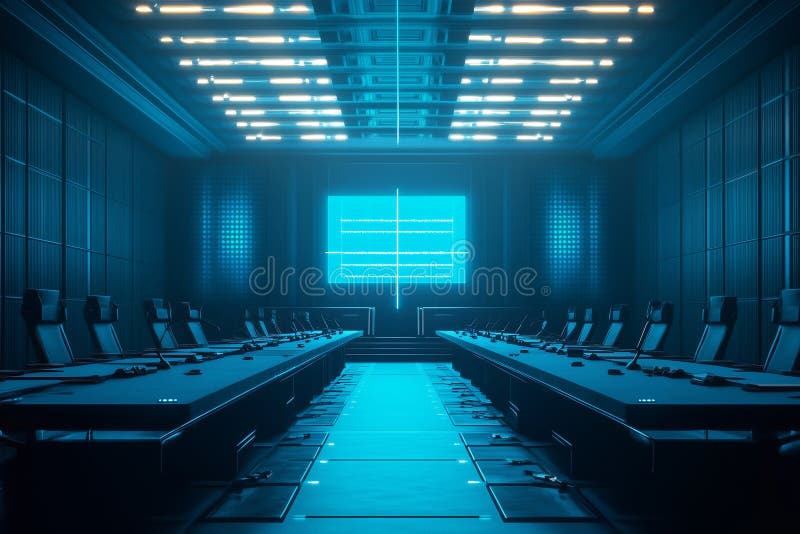 Advanced courtroom setup features sleek design and modern technology where artificial intelligence presides over legal proceedings, ensuring efficiency in justice. Advanced artificial intelligence administration stock images, royalty-free photos and pictures