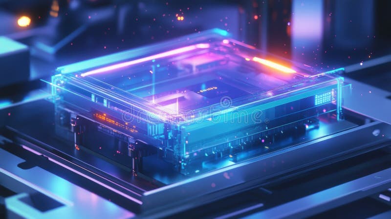 Futuristic cpu is glowing and processing data on motherboard stock illustration