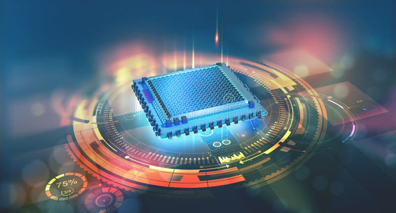 Futuristic CPU. Quantum processor in the global computer network stock illustration