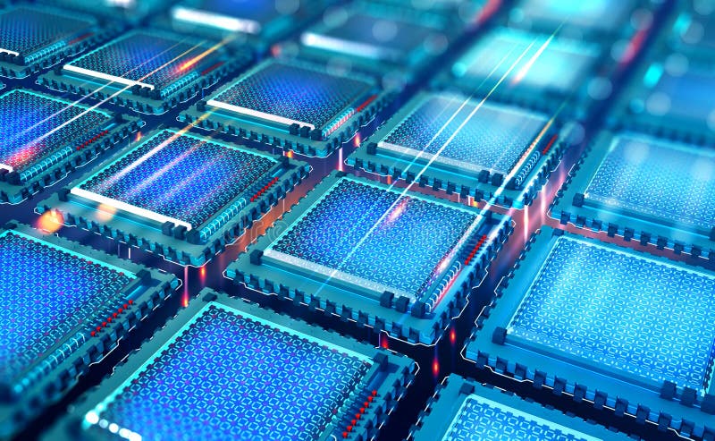 Futuristic CPU. Quantum processor in the global computer network stock illustration