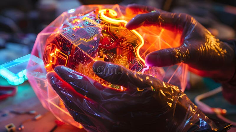 Futuristic Crafting with Glowing Hands vector illustration