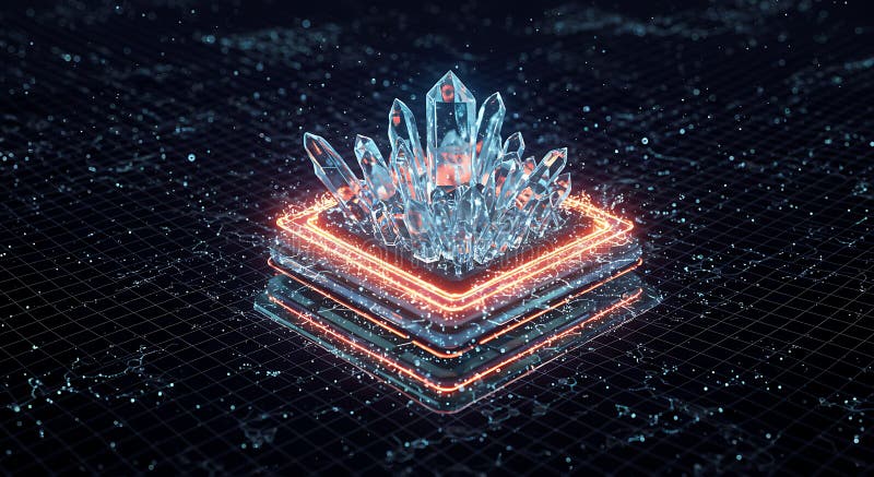 Futuristic crystal energy core on a neon platform royalty free illustration
