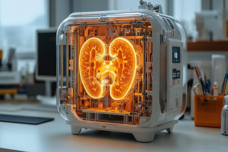 Futuristic cuboid 3D printer shows partially constructed human kidney inside stock photos