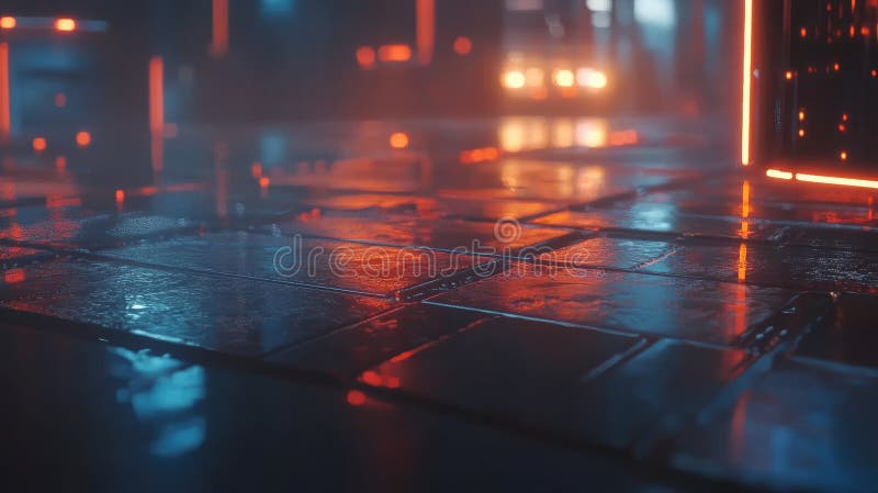 A futuristic cyber sci-fi background featuring empty space, a spotlight, and dark night, created with 3D technology, abstract neon light, and colored geometric shapes, suitable for a virtual reality. AI generated