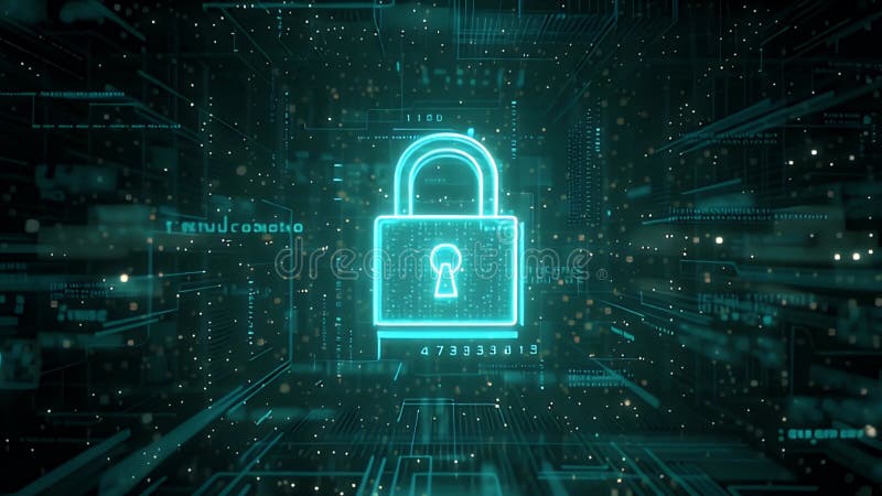 Futuristic cyber security animation padlock digital data protection network encryption privacy 4k ultra hd. Digital cyber security stock illustration