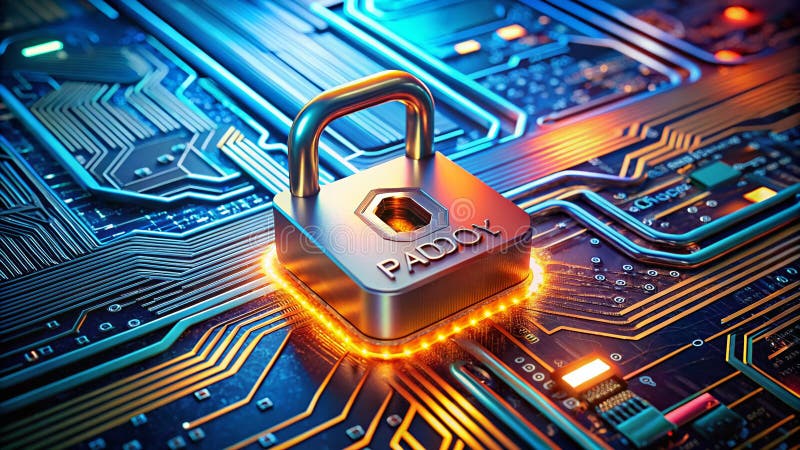 Futuristic Cyber Security A Glowing Padlock Secures a Complex Network of Interconnected Circuits Symbolizing Advanced stock illustration