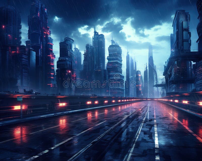 Cyberpunk streets illustration, futuristic city, dystoptic artwork at  night, 4k wallpaper. Rain foggy, moody empty future Stock Illustration