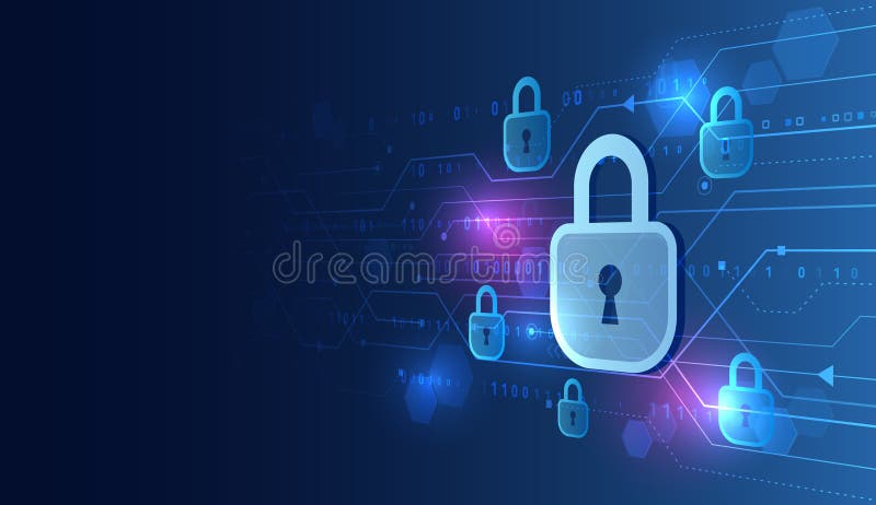 Futuristic cybersecurity concept with glowing padlocks and digital binary code, representing secure data transmission, privacy vector illustration