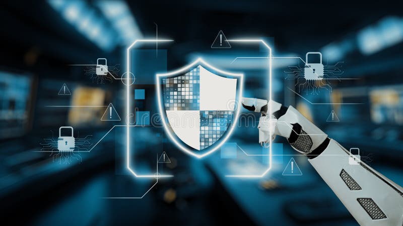 A robotic hand interacts with a glowing digital shield, symbolizing advanced cybersecurity measures. The tech-driven environment highlights the importance of data protection. Auvana. Shield artificial intelligence stock images, royalty-free photos and pictures