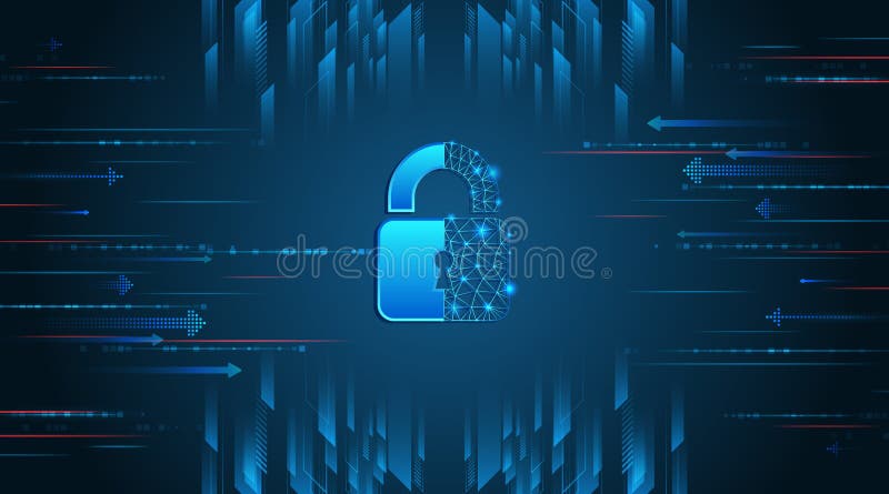 Futuristic cybersecurity concept with an unlocked digital padlock and glowing network lines, symbolizing data access, cyber threat royalty free illustration